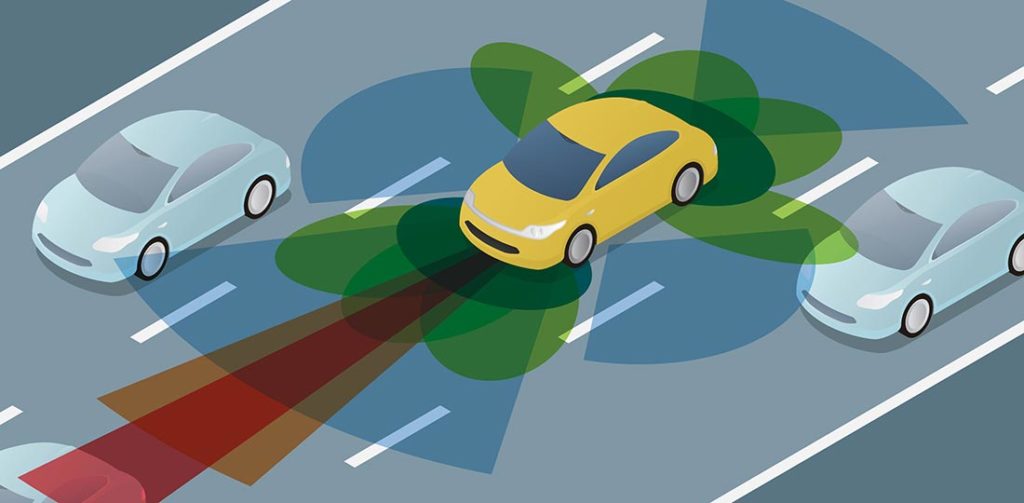 A self-driving vehicle using its sensors to navigate traffic. Illustration.