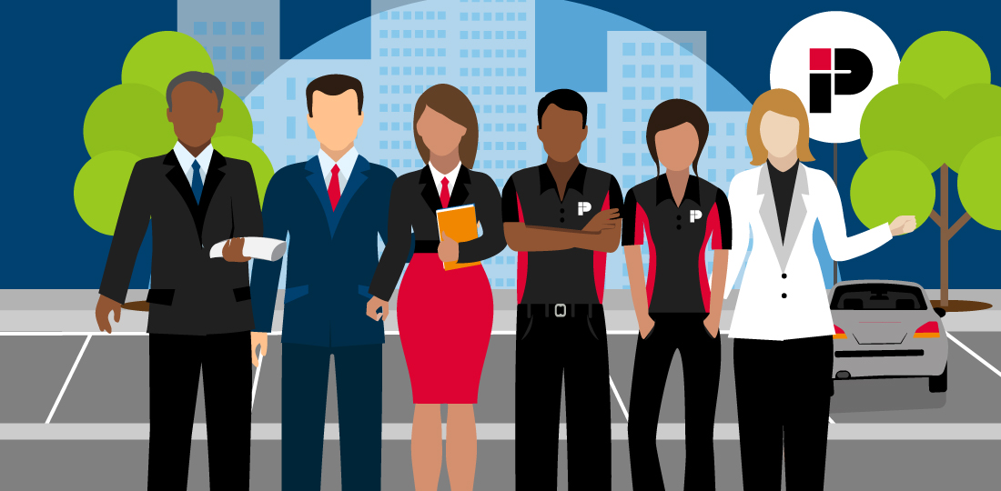 Impark's team of account managers, transition specialists, auditors, and customer service representatives stand in an Impark-managed parking lot. Illustration.