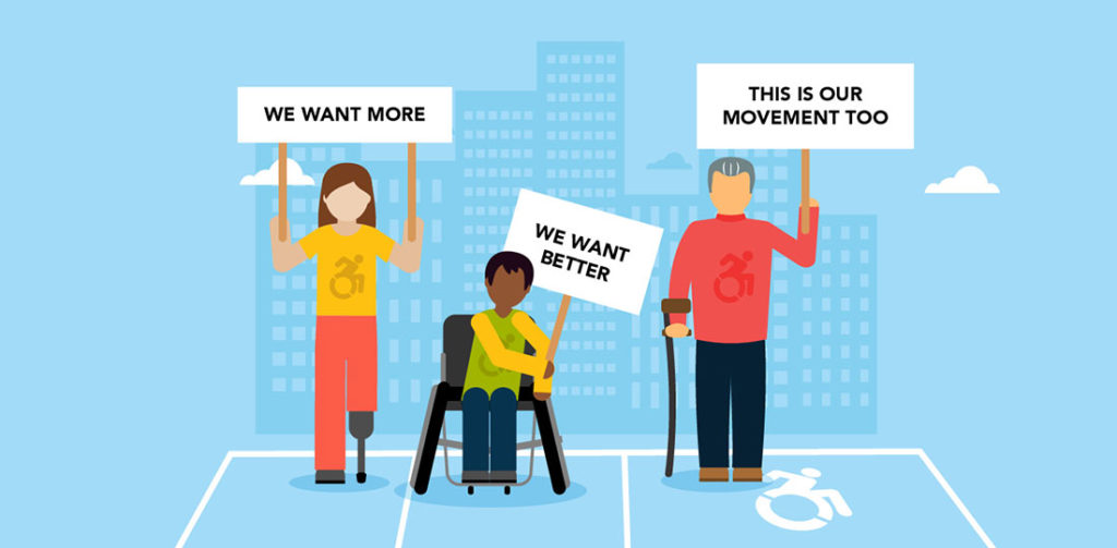 Disability rights activists holding banners in a parking space depicting the Dynamic Symbol of Access (DSA). Illustration.