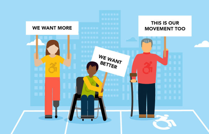 Disability rights activists holding banners in a parking space depicting the Dynamic Symbol of Access (DSA). Illustration.