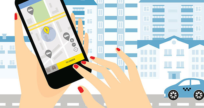 A woman navigating a ridehailing app on her smartphone. Illustration.