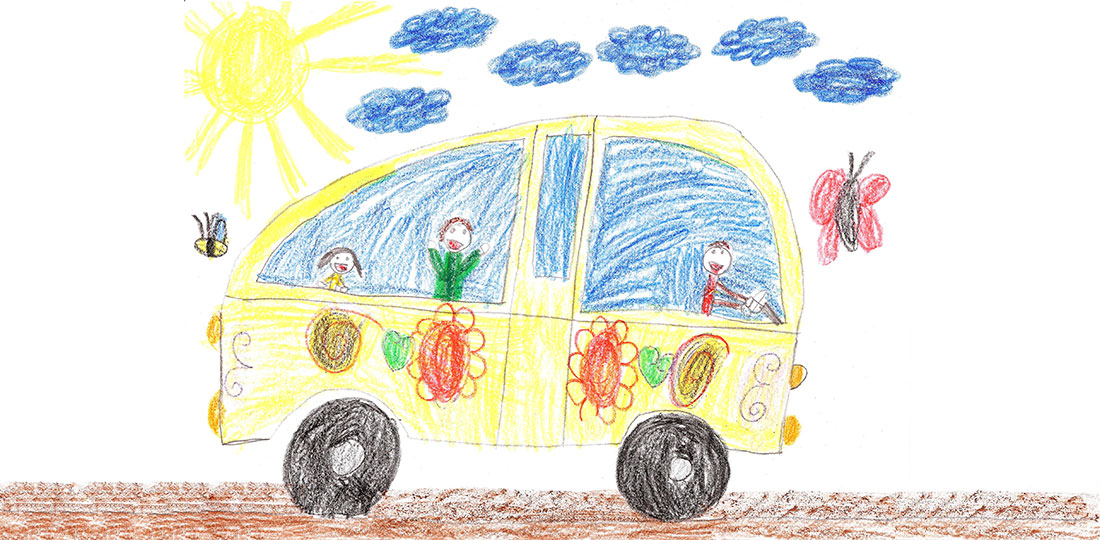 A child's drawing of a car journey on a sunny day. Illustration.