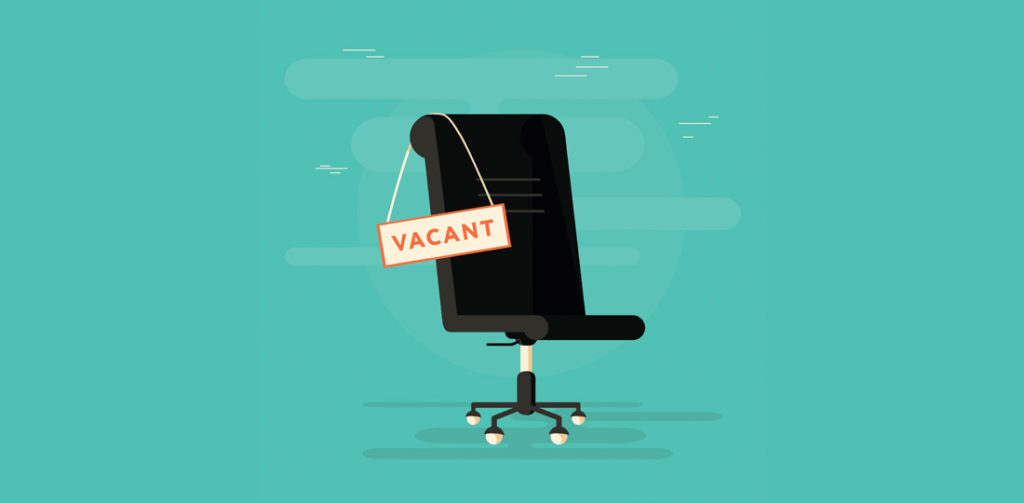 An office chair with a 'Vacant' sign draped across it. Illustration.