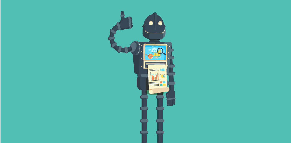 A smiling robot giving a thumbs-up while printing reports from a screen in its chest. Illustration.