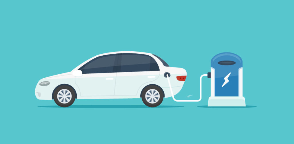 An electric car plugged into an electric vehicle charging station. Illustration.