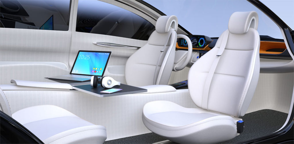 The interior of a self-driving car, equipped with a laptop and rotating seats. 3D illustration.